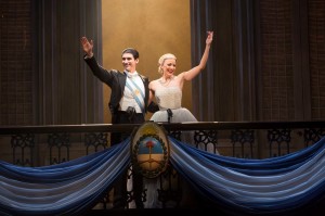 Photo:  CAROLINE BOWMAN (Eva); JOSH YOUNG (Che) & SEAN MacLAUGHLIN (Perón) in the National Tour of "EVITA" by TIM RICE and ANDREW LLOYD WEBBER; the Tony Award®-winning musical directed by MICHAEL GRANDAGE and choreographed by ROB ASHFORD; PHOTO CREDIT - Richard Termine; photo call: Tuesday, September 10, 2013; 1:00 PM at the Providence Performing Arts Center; Providence, Rhode Island; Photograph: © 2013 Richard Termine 
PHOTO CREDIT - Richard Termine